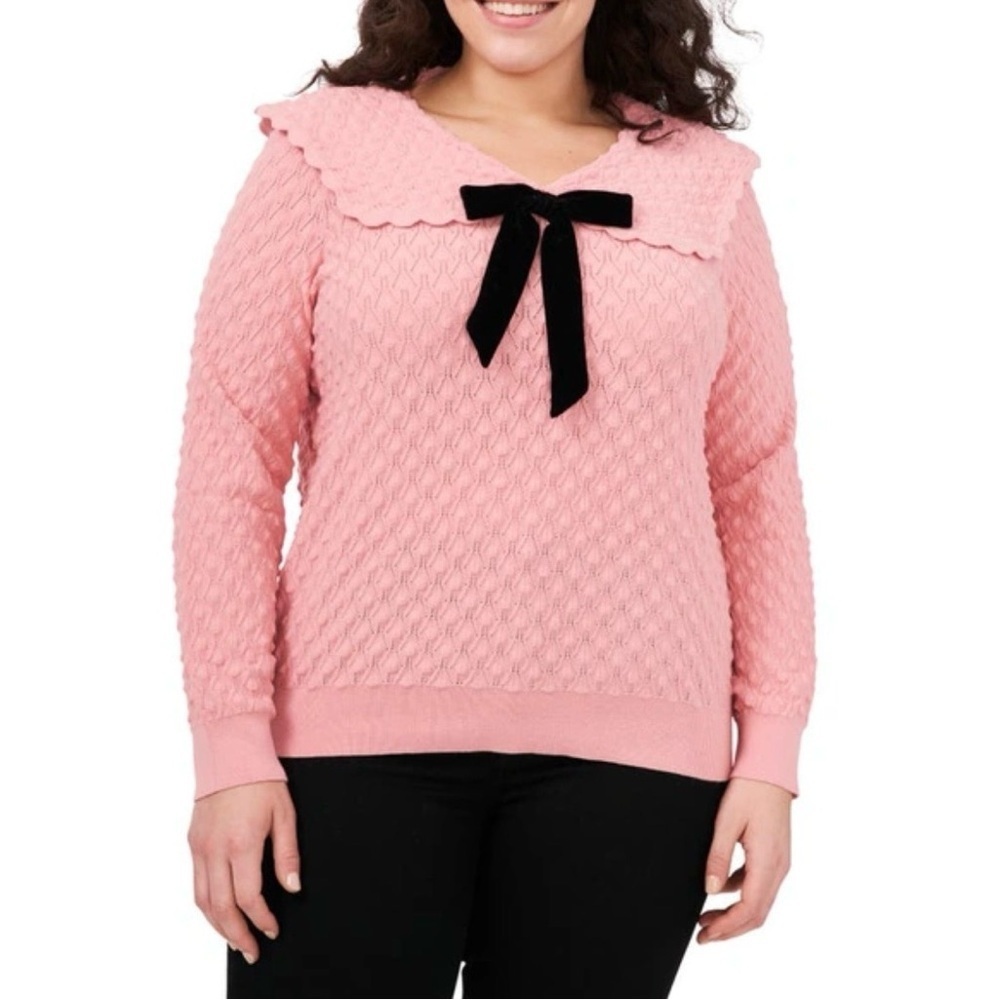 CeCe Pink pointelle Collard Sweater with Black velvet Bow Accent,  knit  top